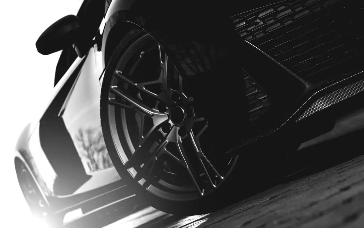 Alloy wheel and brake of a performance car in black and white